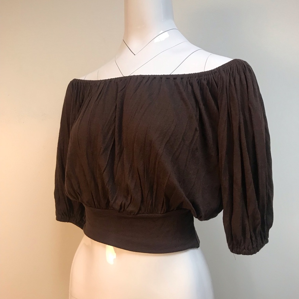 Off-Shoulder Brown Cropped Peasant Top